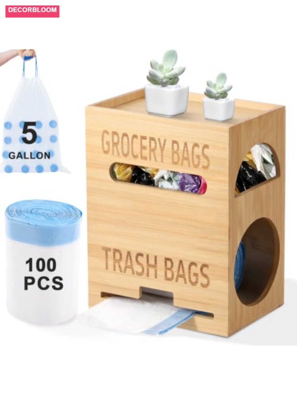 2-in-1 Bamboo Grocery Bag Holder & Trash Bag Dispenser with 100 Garbage Bags